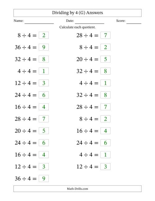 The Horizontally Arranged Dividing by 4 with Quotients 1 to 9 (25 Questions; Large Print) (G) Math Worksheet Page 2