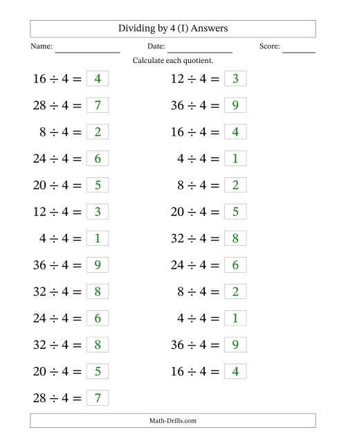 The Horizontally Arranged Dividing by 4 with Quotients 1 to 9 (25 Questions; Large Print) (I) Math Worksheet Page 2