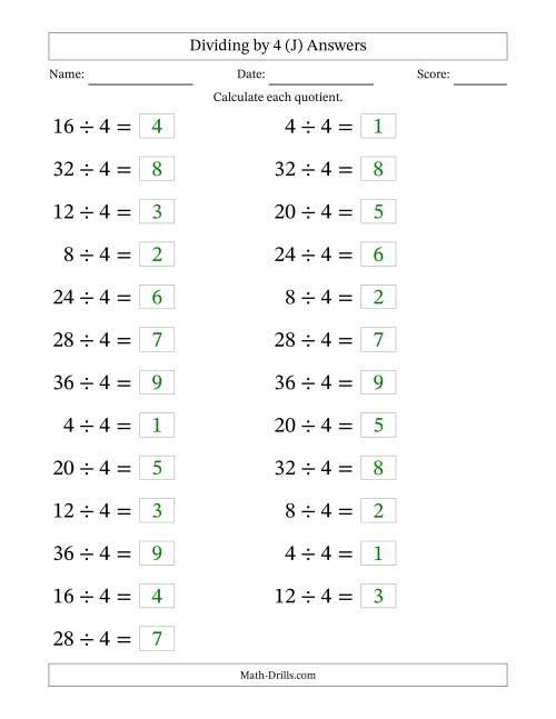 The Horizontally Arranged Dividing by 4 with Quotients 1 to 9 (25 Questions; Large Print) (J) Math Worksheet Page 2
