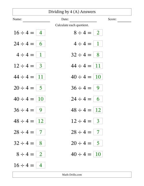 The Horizontally Arranged Dividing by 4 with Quotients 1 to 12 (25 Questions; Large Print) (A) Math Worksheet Page 2