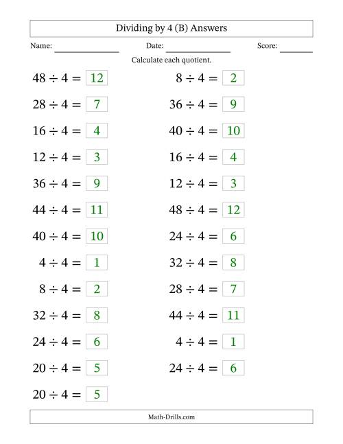 The Horizontally Arranged Dividing by 4 with Quotients 1 to 12 (25 Questions; Large Print) (B) Math Worksheet Page 2