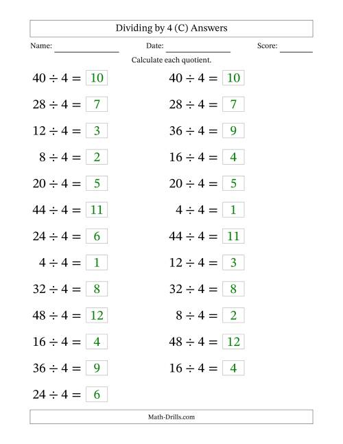 The Horizontally Arranged Dividing by 4 with Quotients 1 to 12 (25 Questions; Large Print) (C) Math Worksheet Page 2