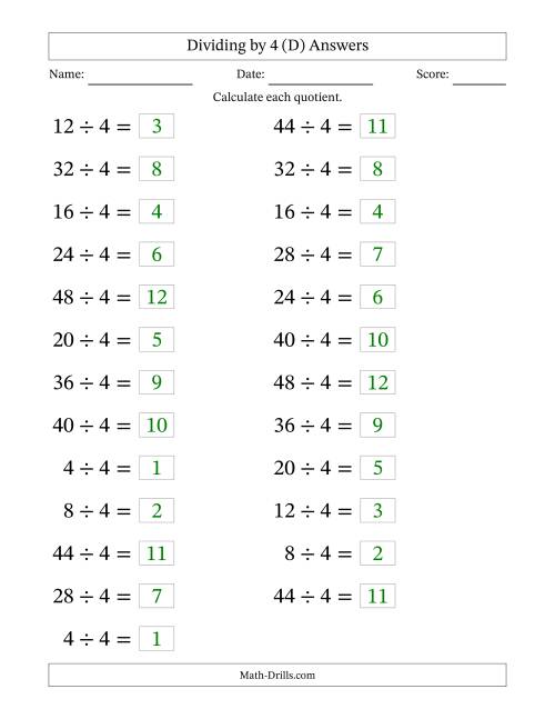 The Horizontally Arranged Dividing by 4 with Quotients 1 to 12 (25 Questions; Large Print) (D) Math Worksheet Page 2