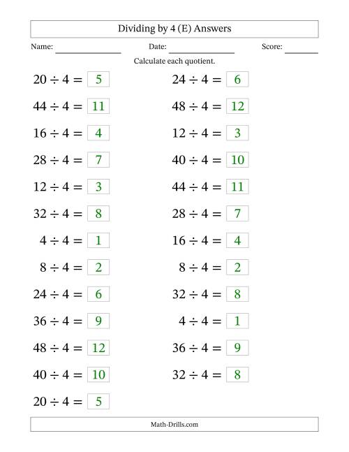 The Horizontally Arranged Dividing by 4 with Quotients 1 to 12 (25 Questions; Large Print) (E) Math Worksheet Page 2