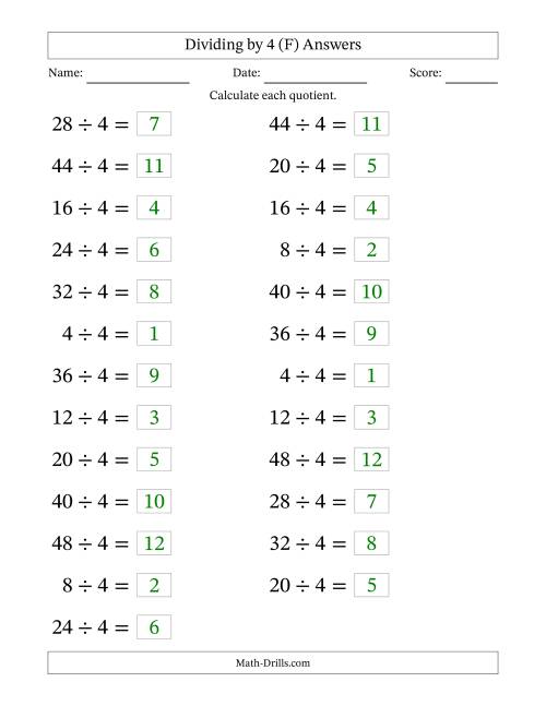 The Horizontally Arranged Dividing by 4 with Quotients 1 to 12 (25 Questions; Large Print) (F) Math Worksheet Page 2