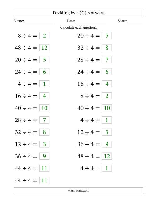 The Horizontally Arranged Dividing by 4 with Quotients 1 to 12 (25 Questions; Large Print) (G) Math Worksheet Page 2