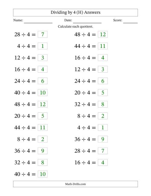 The Horizontally Arranged Dividing by 4 with Quotients 1 to 12 (25 Questions; Large Print) (H) Math Worksheet Page 2