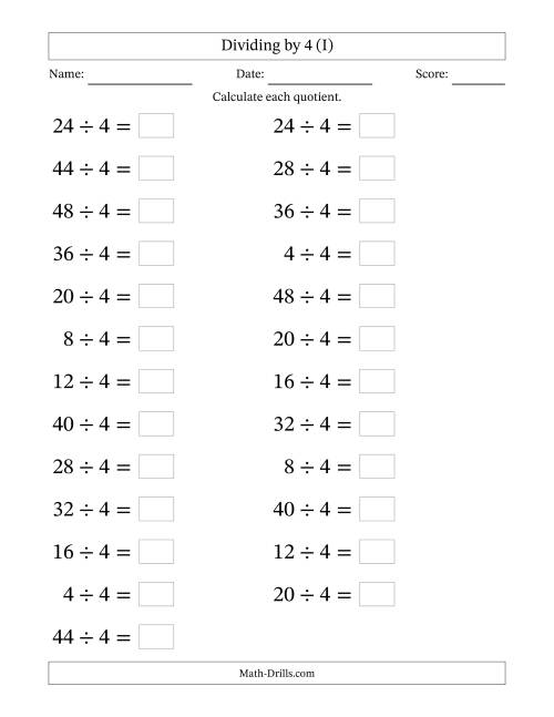 The Horizontally Arranged Dividing by 4 with Quotients 1 to 12 (25 Questions; Large Print) (I) Math Worksheet