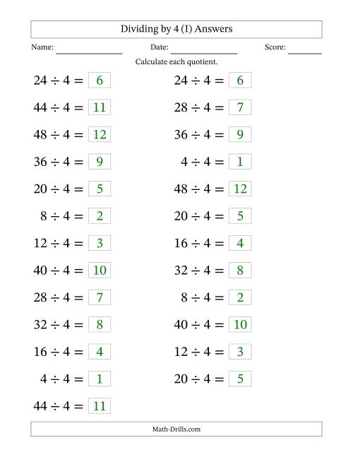 The Horizontally Arranged Dividing by 4 with Quotients 1 to 12 (25 Questions; Large Print) (I) Math Worksheet Page 2