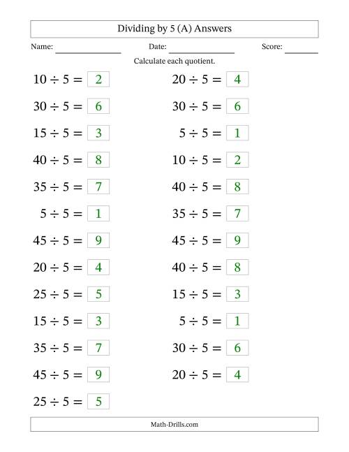 The Horizontally Arranged Dividing by 5 with Quotients 1 to 9 (25 Questions; Large Print) (A) Math Worksheet Page 2