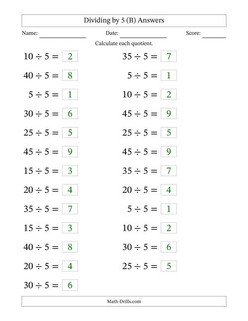 The Horizontally Arranged Dividing by 5 with Quotients 1 to 9 (25 Questions; Large Print) (B) Math Worksheet Page 2