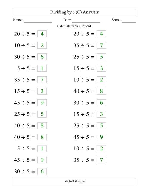 The Horizontally Arranged Dividing by 5 with Quotients 1 to 9 (25 Questions; Large Print) (C) Math Worksheet Page 2