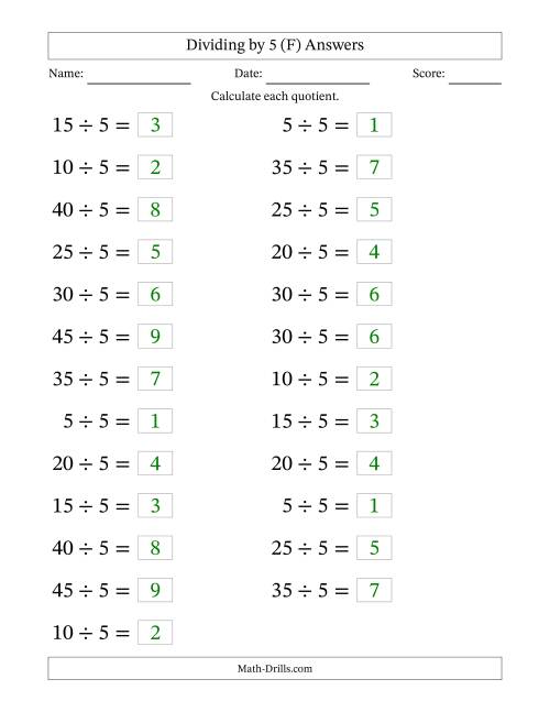 The Horizontally Arranged Dividing by 5 with Quotients 1 to 9 (25 Questions; Large Print) (F) Math Worksheet Page 2