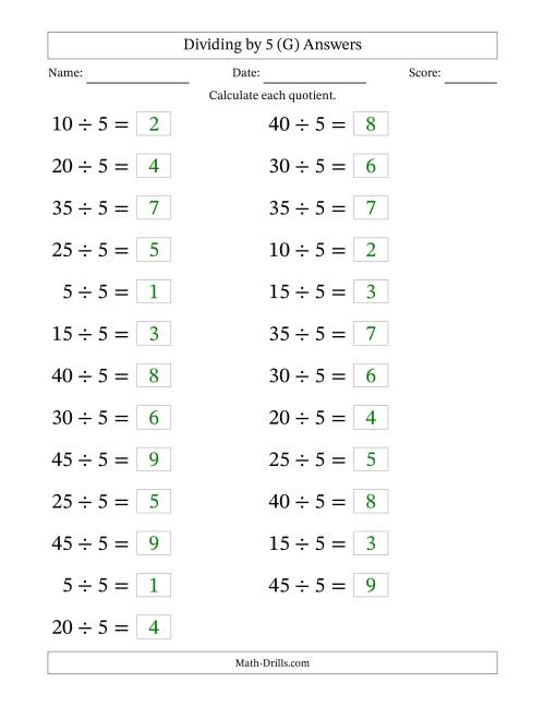 The Horizontally Arranged Dividing by 5 with Quotients 1 to 9 (25 Questions; Large Print) (G) Math Worksheet Page 2