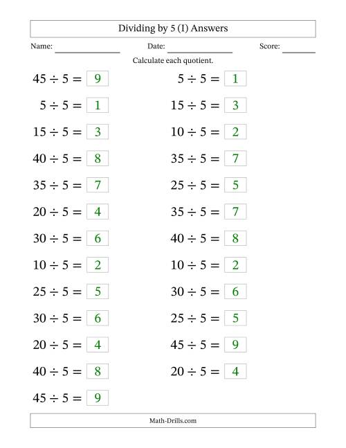 The Horizontally Arranged Dividing by 5 with Quotients 1 to 9 (25 Questions; Large Print) (I) Math Worksheet Page 2