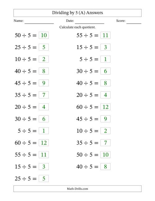 The Horizontally Arranged Dividing by 5 with Quotients 1 to 12 (25 Questions; Large Print) (A) Math Worksheet Page 2