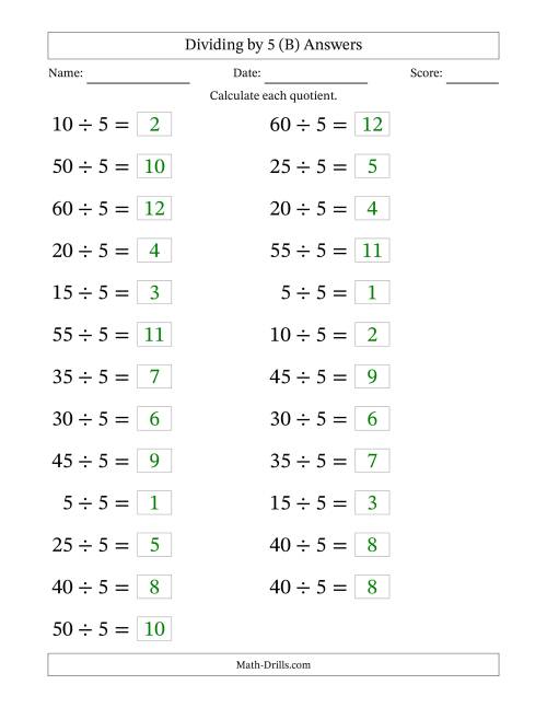 The Horizontally Arranged Dividing by 5 with Quotients 1 to 12 (25 Questions; Large Print) (B) Math Worksheet Page 2
