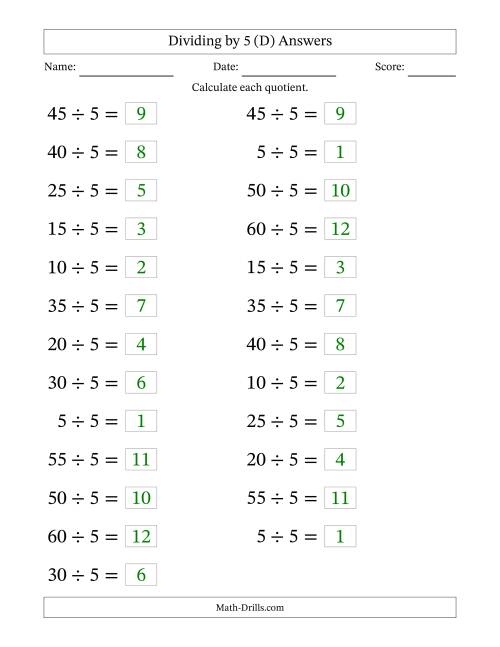 The Horizontally Arranged Dividing by 5 with Quotients 1 to 12 (25 Questions; Large Print) (D) Math Worksheet Page 2