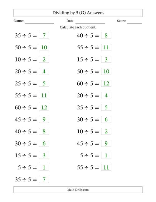 The Horizontally Arranged Dividing by 5 with Quotients 1 to 12 (25 Questions; Large Print) (G) Math Worksheet Page 2