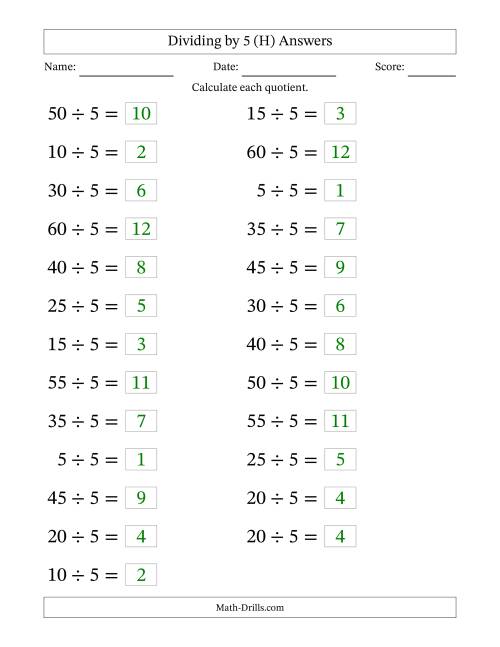 The Horizontally Arranged Dividing by 5 with Quotients 1 to 12 (25 Questions; Large Print) (H) Math Worksheet Page 2