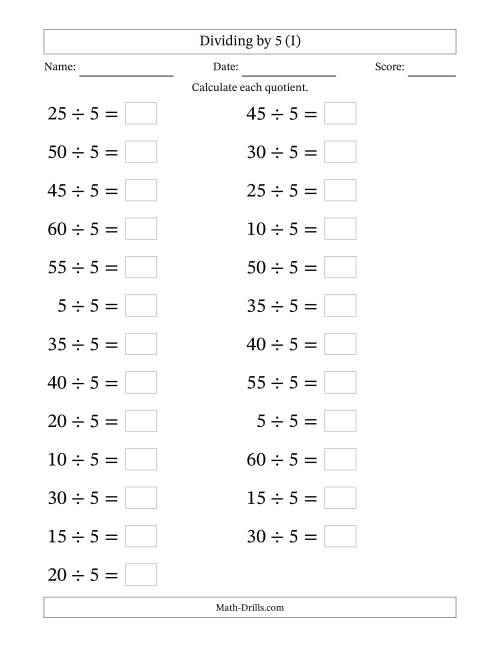 The Horizontally Arranged Dividing by 5 with Quotients 1 to 12 (25 Questions; Large Print) (I) Math Worksheet