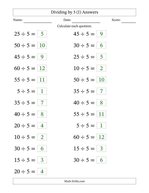 The Horizontally Arranged Dividing by 5 with Quotients 1 to 12 (25 Questions; Large Print) (I) Math Worksheet Page 2