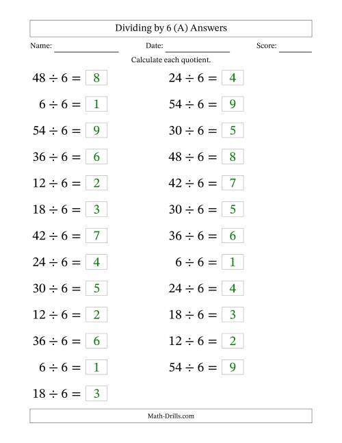 The Horizontally Arranged Dividing by 6 with Quotients 1 to 9 (25 Questions; Large Print) (A) Math Worksheet Page 2