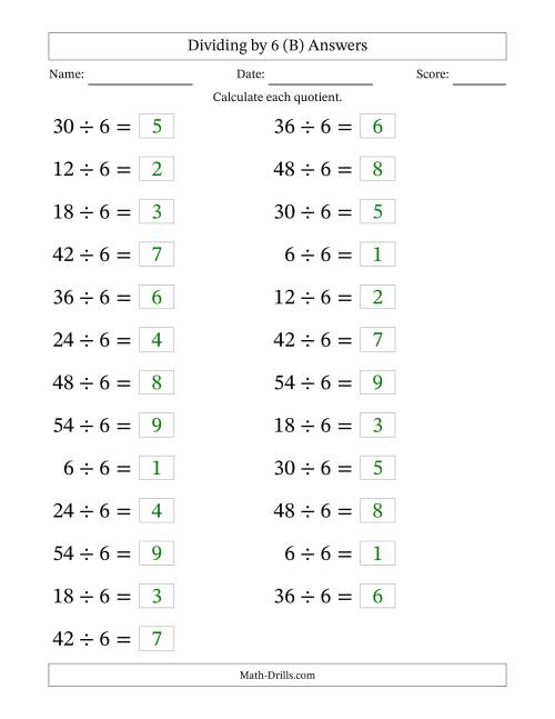 The Horizontally Arranged Dividing by 6 with Quotients 1 to 9 (25 Questions; Large Print) (B) Math Worksheet Page 2