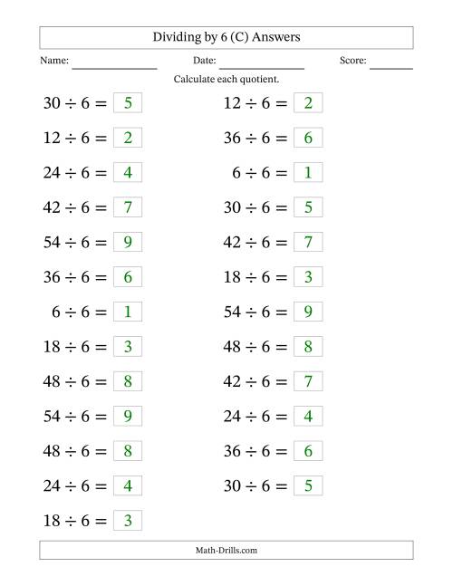 The Horizontally Arranged Dividing by 6 with Quotients 1 to 9 (25 Questions; Large Print) (C) Math Worksheet Page 2