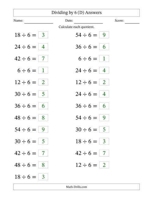 The Horizontally Arranged Dividing by 6 with Quotients 1 to 9 (25 Questions; Large Print) (D) Math Worksheet Page 2