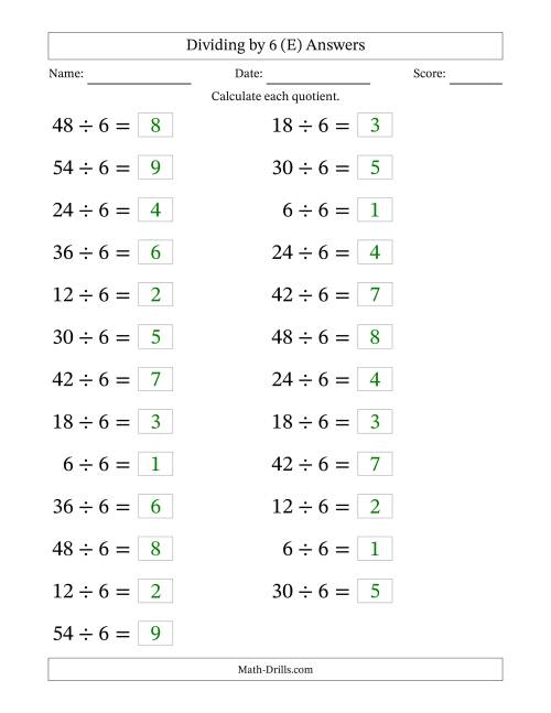 The Horizontally Arranged Dividing by 6 with Quotients 1 to 9 (25 Questions; Large Print) (E) Math Worksheet Page 2