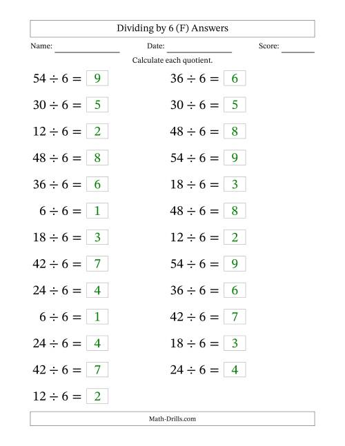 The Horizontally Arranged Dividing by 6 with Quotients 1 to 9 (25 Questions; Large Print) (F) Math Worksheet Page 2
