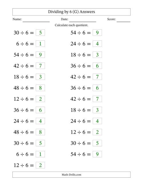 The Horizontally Arranged Dividing by 6 with Quotients 1 to 9 (25 Questions; Large Print) (G) Math Worksheet Page 2