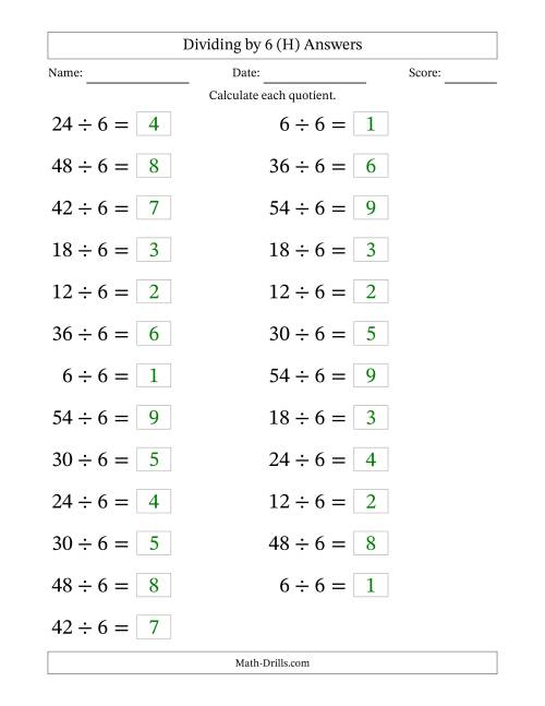 The Horizontally Arranged Dividing by 6 with Quotients 1 to 9 (25 Questions; Large Print) (H) Math Worksheet Page 2
