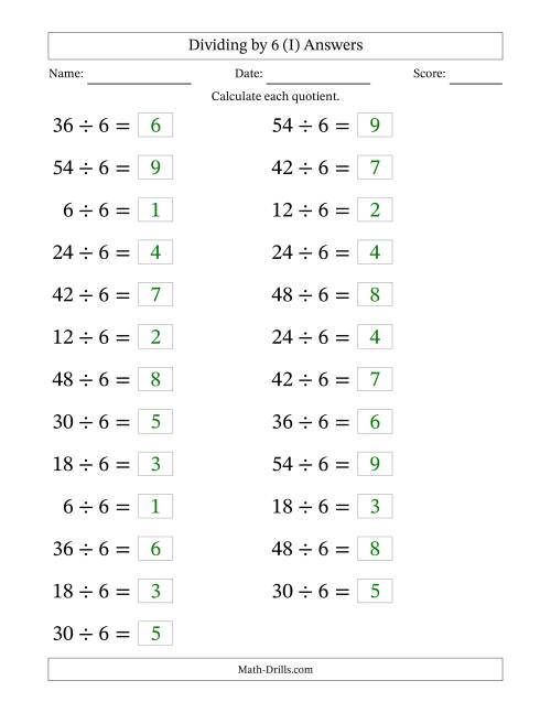 The Horizontally Arranged Dividing by 6 with Quotients 1 to 9 (25 Questions; Large Print) (I) Math Worksheet Page 2