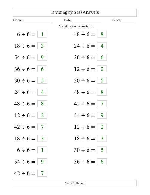 The Horizontally Arranged Dividing by 6 with Quotients 1 to 9 (25 Questions; Large Print) (J) Math Worksheet Page 2