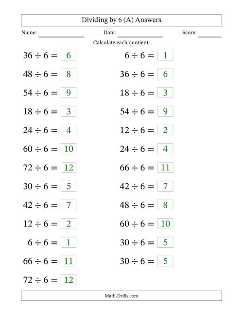 The Horizontally Arranged Dividing by 6 with Quotients 1 to 12 (25 Questions; Large Print) (A) Math Worksheet Page 2