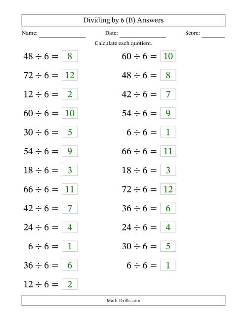 The Horizontally Arranged Dividing by 6 with Quotients 1 to 12 (25 Questions; Large Print) (B) Math Worksheet Page 2