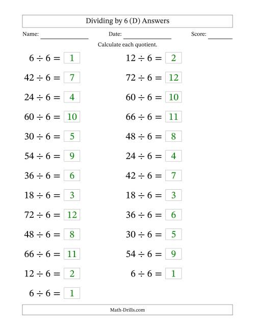 The Horizontally Arranged Dividing by 6 with Quotients 1 to 12 (25 Questions; Large Print) (D) Math Worksheet Page 2