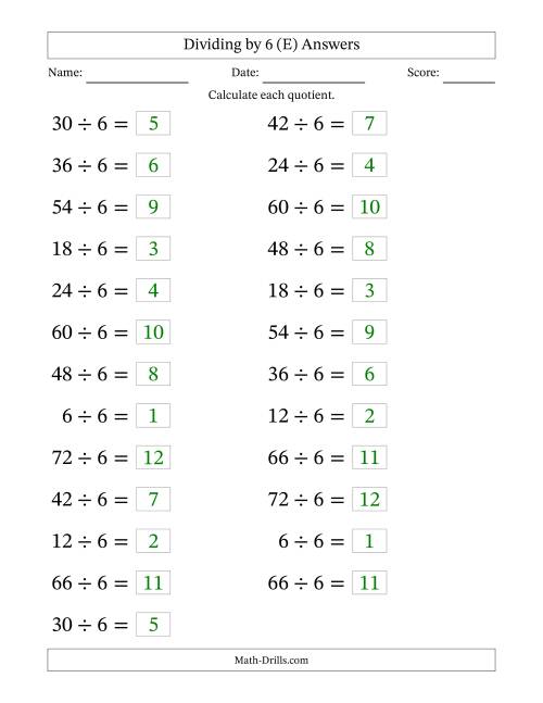 The Horizontally Arranged Dividing by 6 with Quotients 1 to 12 (25 Questions; Large Print) (E) Math Worksheet Page 2