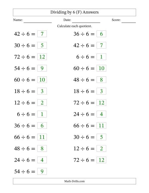 The Horizontally Arranged Dividing by 6 with Quotients 1 to 12 (25 Questions; Large Print) (F) Math Worksheet Page 2