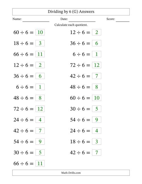 The Horizontally Arranged Dividing by 6 with Quotients 1 to 12 (25 Questions; Large Print) (G) Math Worksheet Page 2