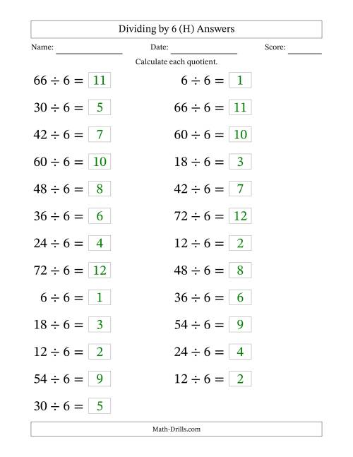 The Horizontally Arranged Dividing by 6 with Quotients 1 to 12 (25 Questions; Large Print) (H) Math Worksheet Page 2