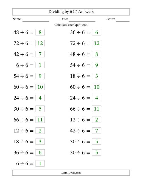 The Horizontally Arranged Dividing by 6 with Quotients 1 to 12 (25 Questions; Large Print) (I) Math Worksheet Page 2