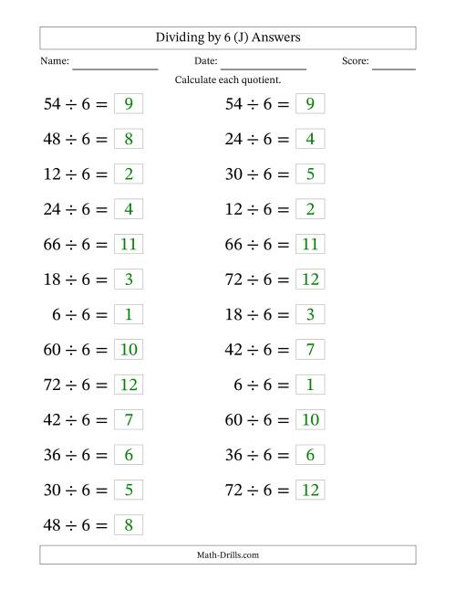 The Horizontally Arranged Dividing by 6 with Quotients 1 to 12 (25 Questions; Large Print) (J) Math Worksheet Page 2