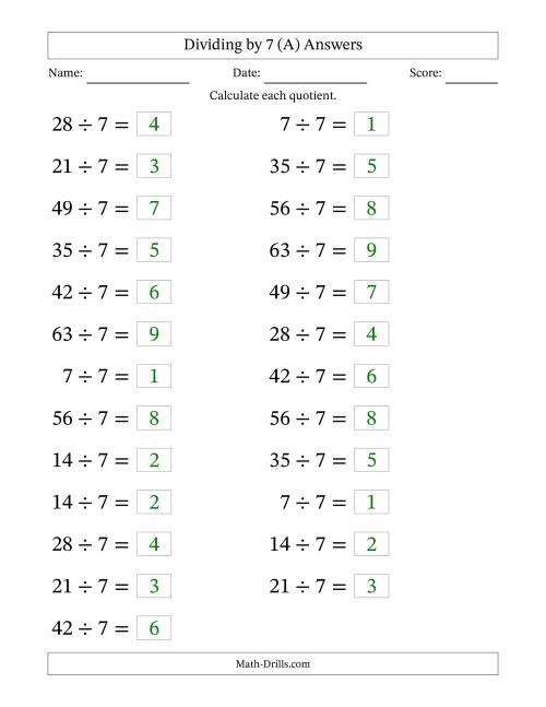 The Horizontally Arranged Dividing by 7 with Quotients 1 to 9 (25 Questions; Large Print) (A) Math Worksheet Page 2