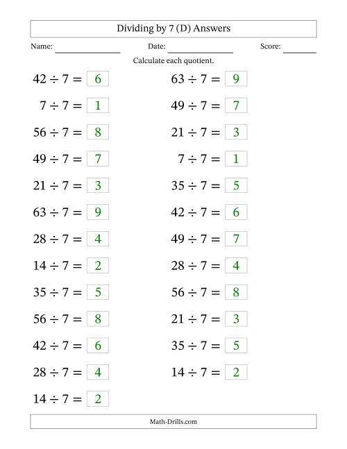 The Horizontally Arranged Dividing by 7 with Quotients 1 to 9 (25 Questions; Large Print) (D) Math Worksheet Page 2