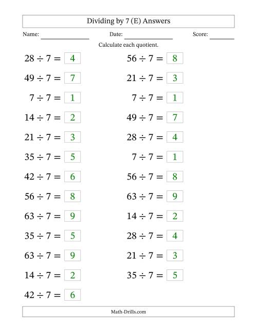 The Horizontally Arranged Dividing by 7 with Quotients 1 to 9 (25 Questions; Large Print) (E) Math Worksheet Page 2