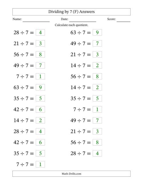 The Horizontally Arranged Dividing by 7 with Quotients 1 to 9 (25 Questions; Large Print) (F) Math Worksheet Page 2