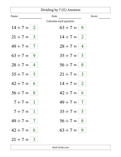 The Horizontally Arranged Dividing by 7 with Quotients 1 to 9 (25 Questions; Large Print) (G) Math Worksheet Page 2